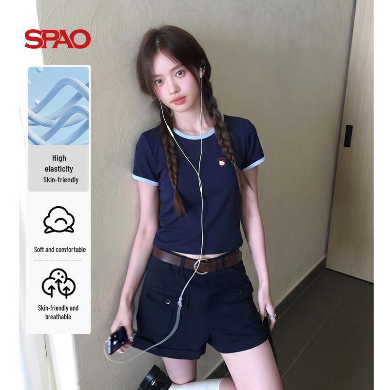 SPAO Women s College Style Color Block Dog Print Crop T-Shirt M