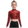 Dziewczęcy Crop Top do Tańca Jazzowego z Wysokim Dekoltem i Długim Rękawem, Przezroczysta Siateczka, Patchwork, Błyszczące Płatki, Kostium na Występ
