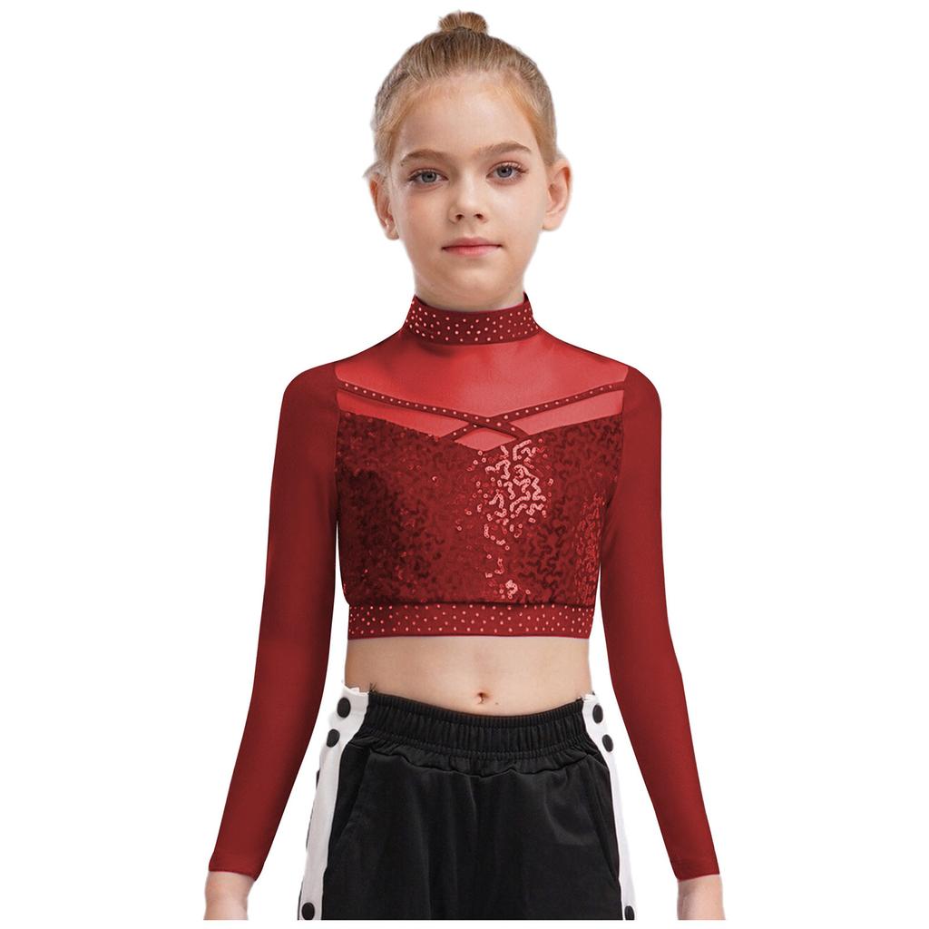 Dziewczęcy Crop Top do Tańca Jazzowego z Wysokim Dekoltem i Długim Rękawem, Przezroczysta Siateczka, Patchwork, Błyszczące Płatki, Kostium na Występ