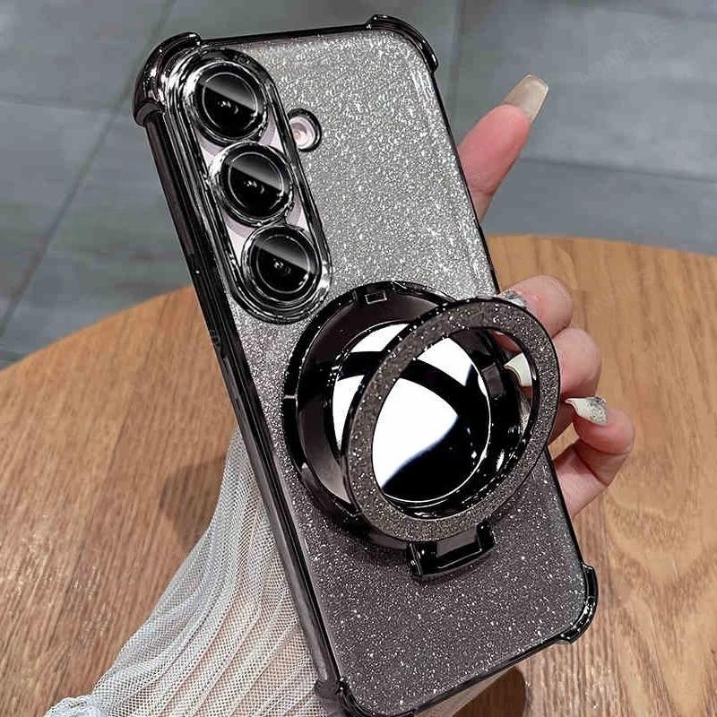 For Samsung Galaxy A16 4g 5g A15 A14 A13 A12 A22 A25 A35 A55 Four Corner Anti-shock Plating Case A 16 Makeup Mirror Stand Cover