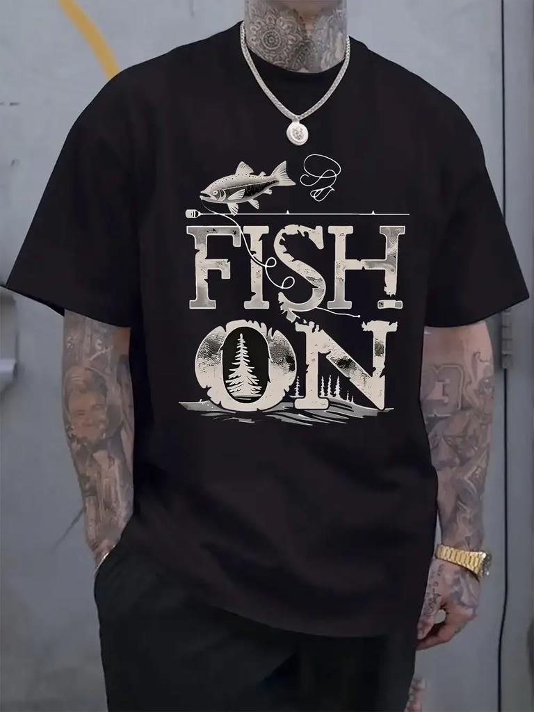 "FISH ON" Graphic Tee - Casual Crew Neck Short Sleeve T-shirt with Fish and Tree Design