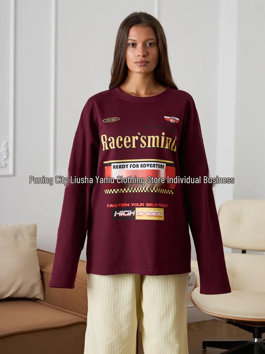 

100% Cotton Retro Motorcycle Print Long Sleeve Top - Stylish Autumn BF Style Extra Large бордовый