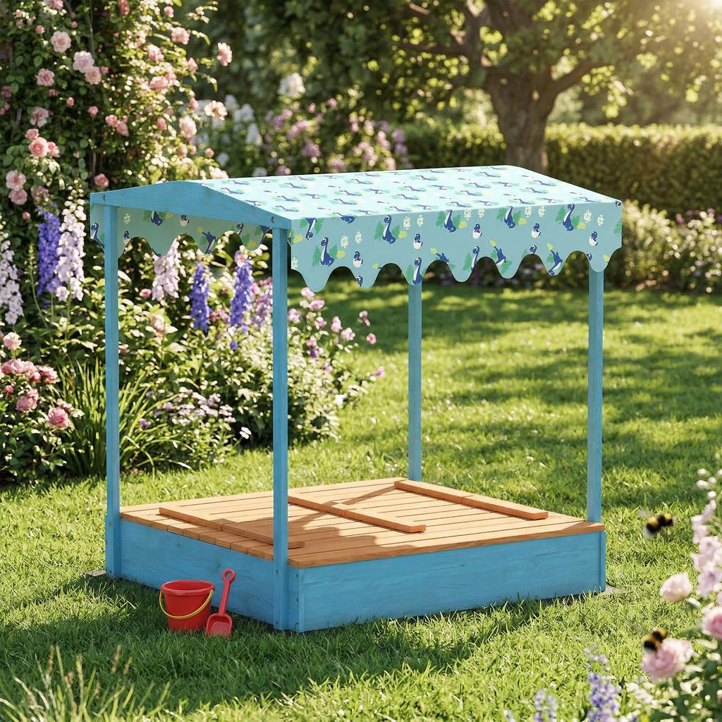 Wooden Sandbox with Lid, Children's Outdoor Sandbox with Foldable Seat, Blue Flamingo Printed Canvas