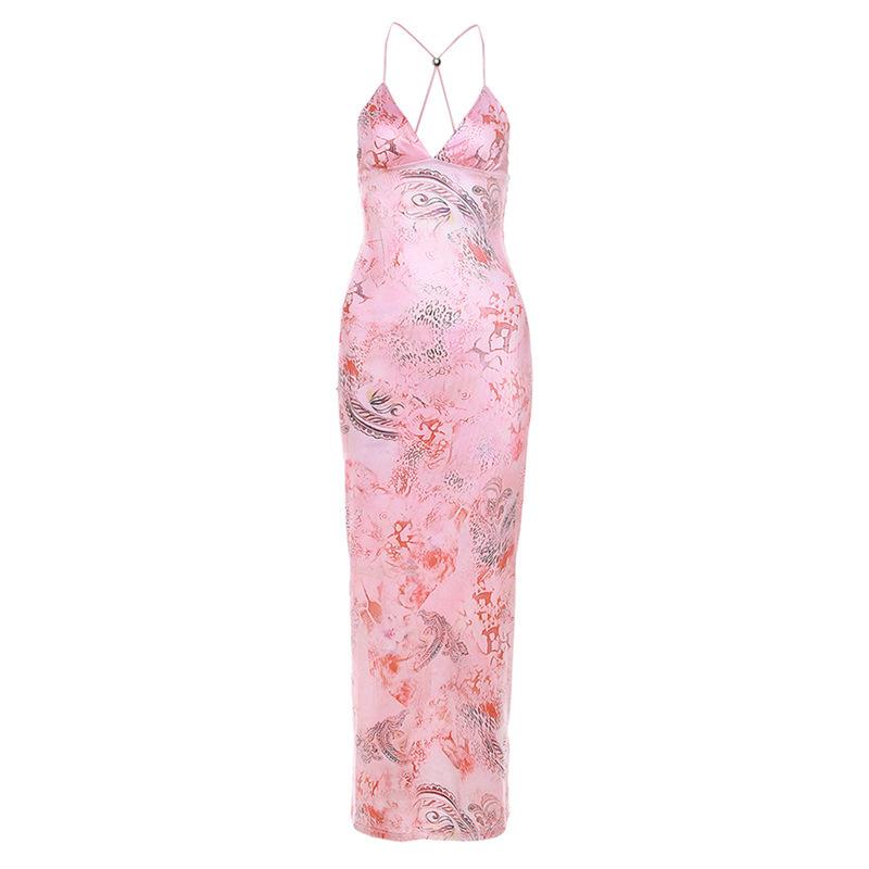 Sommermode-Trend Damen Neues hängendes Hals-Open-Back-Slim-Fit-gedrucktes, gewickeltes Hüftkleid Mode-Partykleid