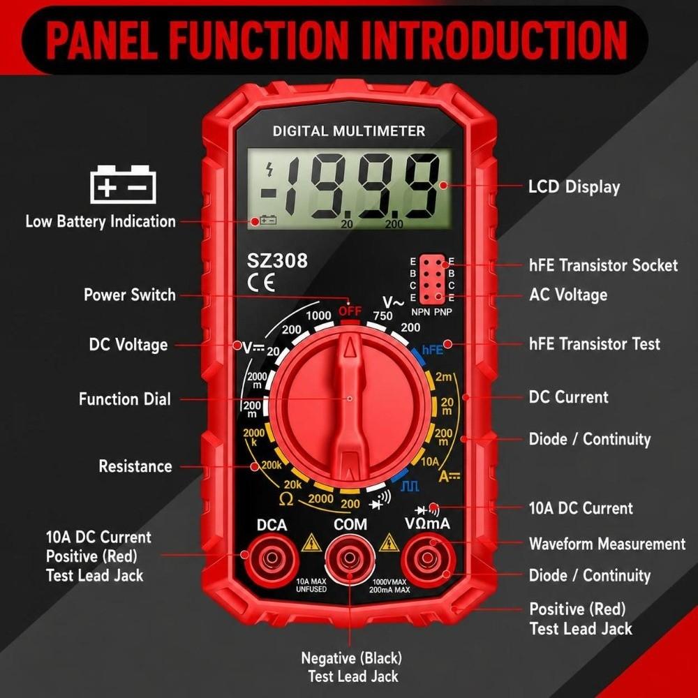 HFE Test Digital Multimeter 1999 Counts AC DC Multimeter Multi Function Measurement Tool