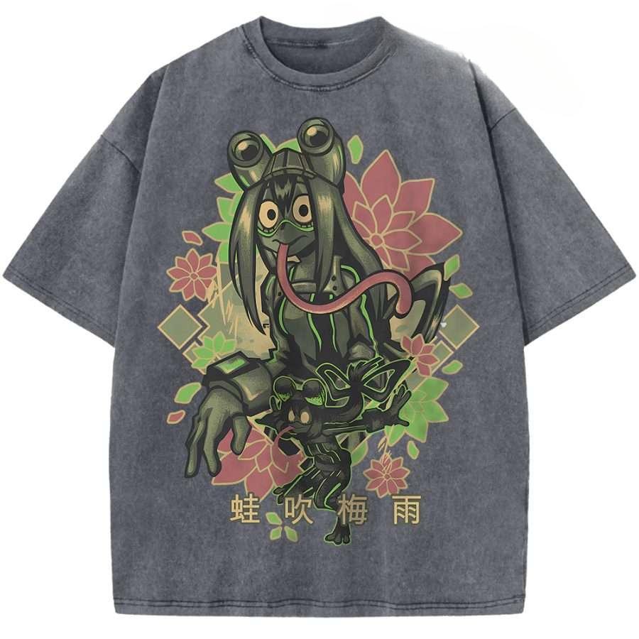 

Asui Tsuyu My Hero Academia Clothing Men Women Manga T-shirts Vintage Washed T Shirt Casual Cotton Tee Harajuku Male Tshirt S серый