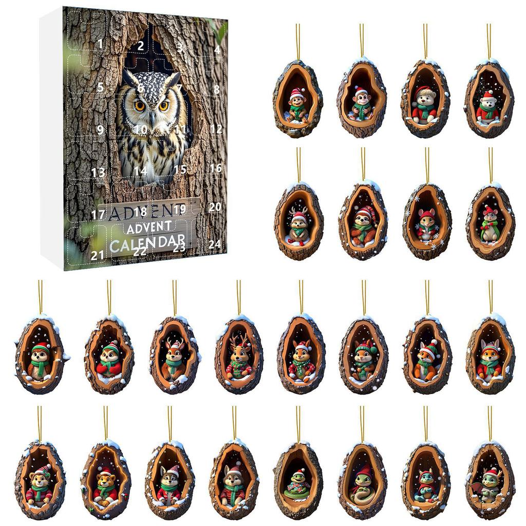 Weihnachts-Countdown-Kalender Verschleißfest Liebenswertes Tier Adventskalender Mini-Baumloch Acryl-Anhänger für Zuhause Party Auto Dekoration