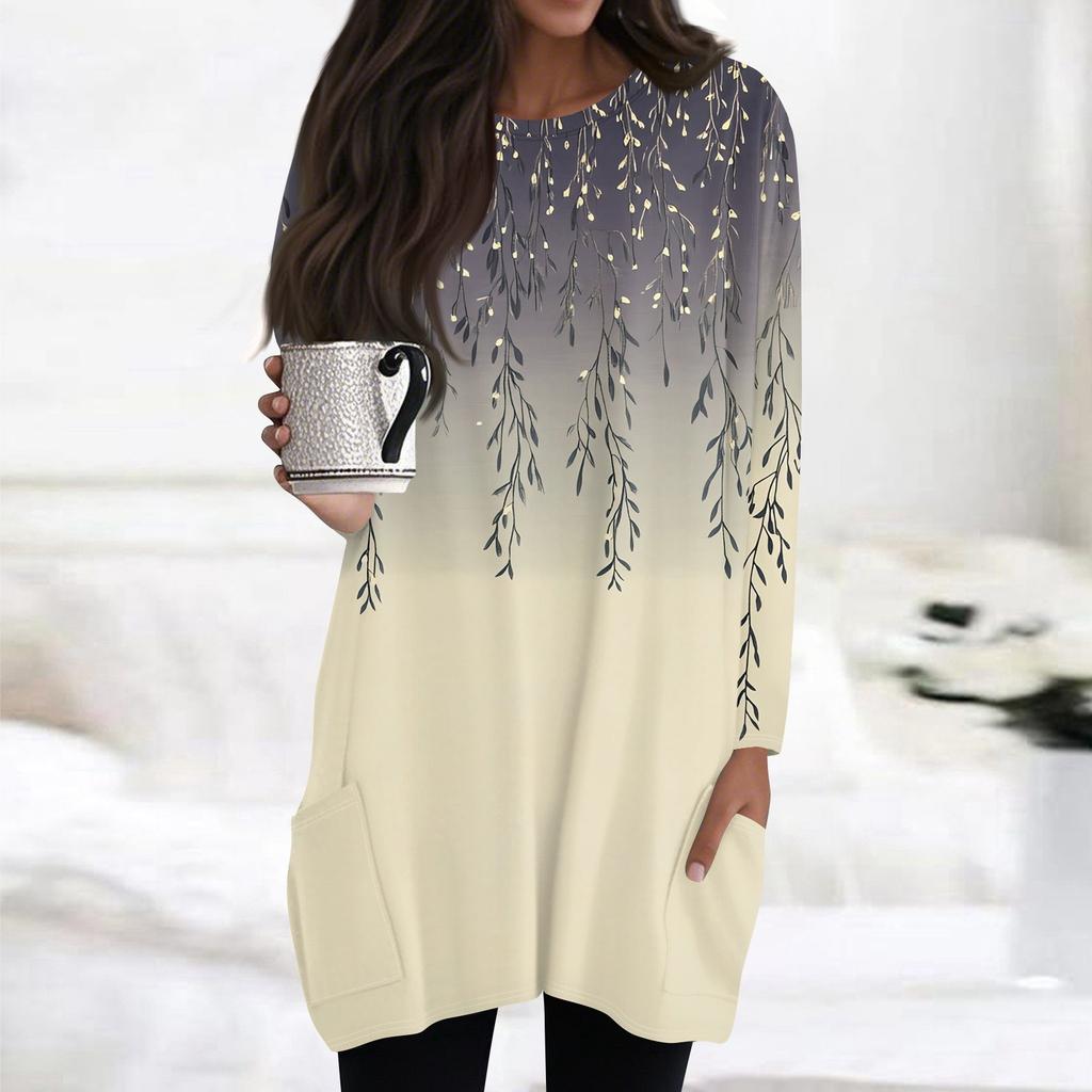 Womens Tops Round Neck Long Sleeve Blouses Casual Mid-length Shirts Fashion Print Tunic Tops With Pockets
