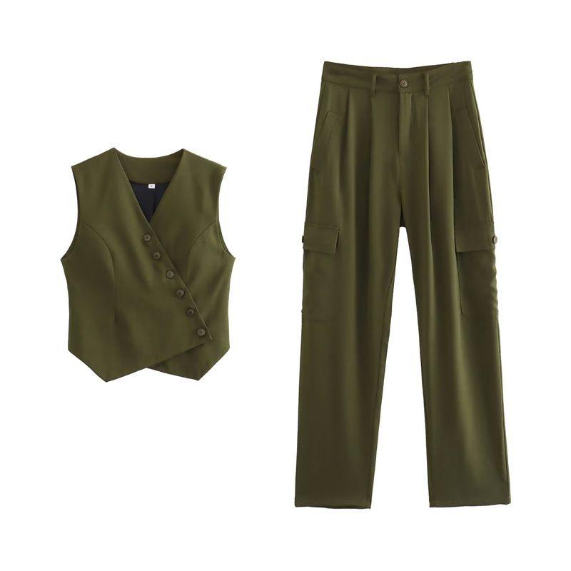 Spring New Arrival Casual Two-Piece Suit Diagonal Cardigan Asymmetric Vest Jacket Tops Pocket Decoration Parka Pants
