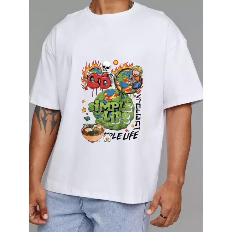 Simple Life T Shirt White Cd Simple Life Graphic Print with Skull Flames Earth and Ramen Bowl Design for Casual Wear