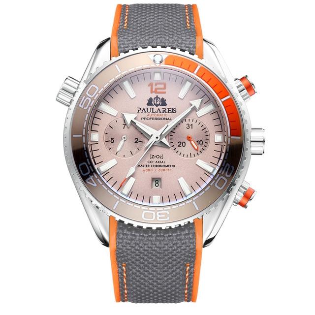 PAULAREIS Masculino Automático Auto Vento Mecânico Pulseira de Borracha de Lona Laranja Azul Vermelho Multifuncional Data Mês Relógio