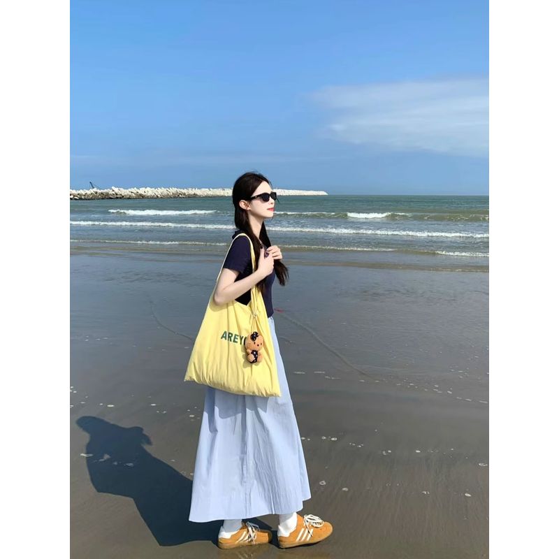 Kumikumi Fashion Set Solid round Neck Short sleeve T-shirt Women Summer High Waist Skirt Large Swing Skirt Two-piece Set