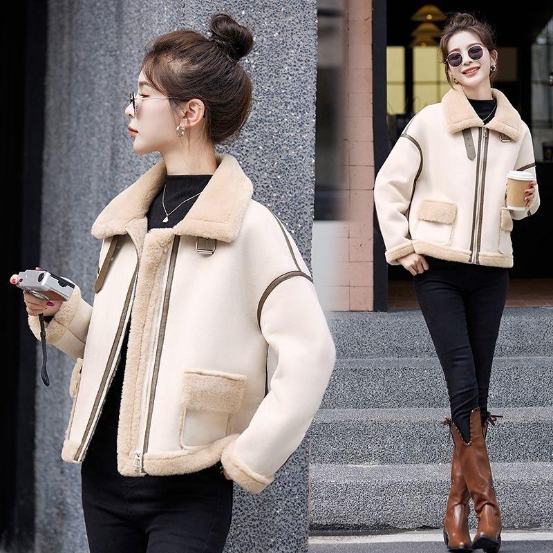 

Зимняя новая замшевая куртка с интегрированным мехом, женская короткая куртка-авиатор из овчины, замшевый флис с мехом S Below 50 kg белый