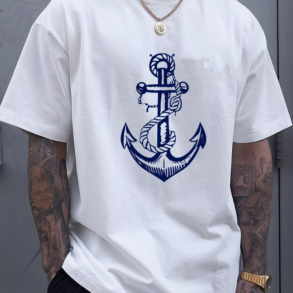 Unisexs Summer Cotton Fashionable Casual Sports Loose Boat Anchor Pattern Printed Round Neck Short Sleeved Tshirt Top