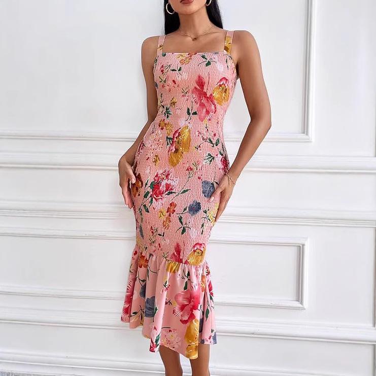 

2025 Trendy Sleeveless Tie-Up Midi Ruffle-Hem Ruched Bodycon Dress Large