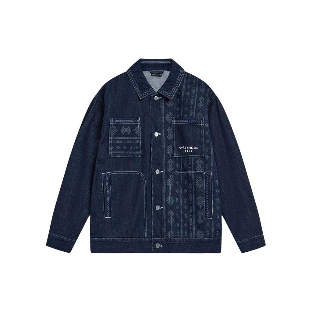 Li Ning Sports Lifestyle Series Pattern Printed Loose Collar Washable Denim Jacket Men Jacket Denim-Blue AJDT365-1
