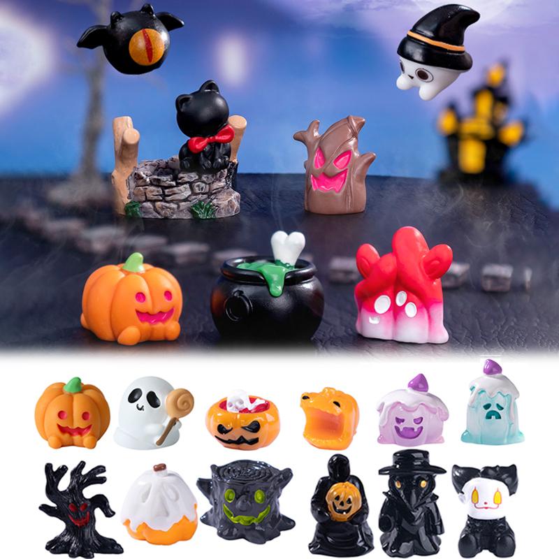 9-14pcs Halloween 3D Pumpkin Ghost Statue Castle Miniature Figures Resin Desktop Decoration Party Ornaments Landscape