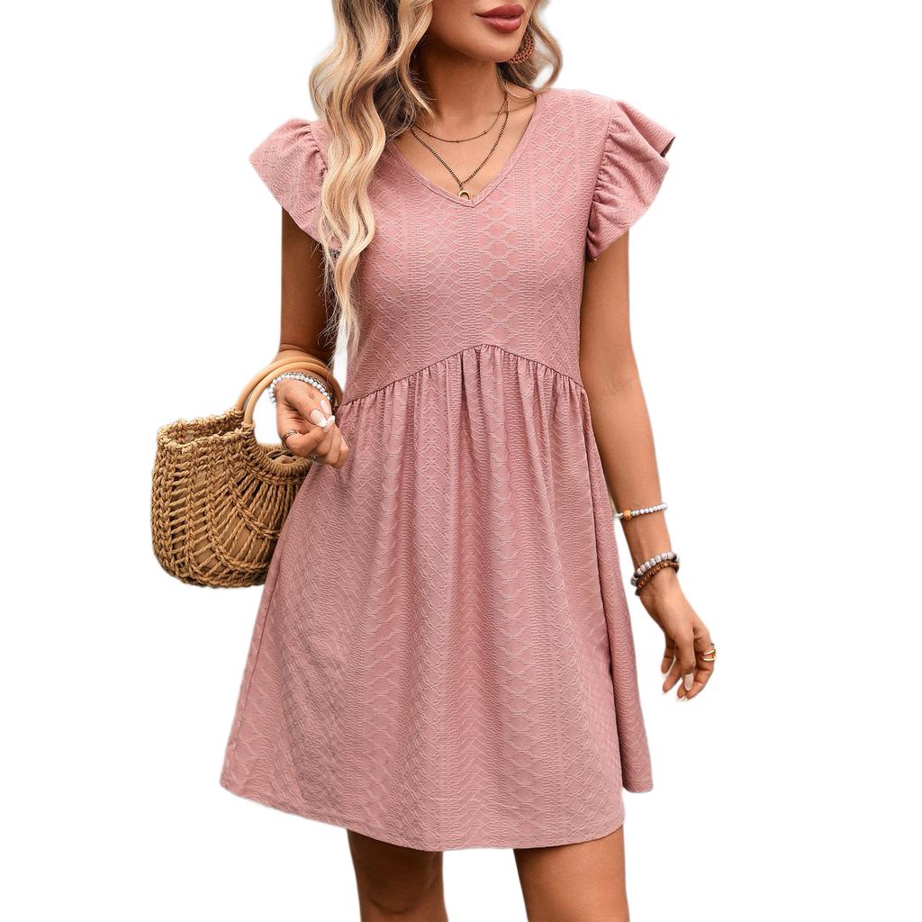 Summer New Style Women's V-neck Leaf-sleeve Slim-fit Short-sleeved Wide-sleeve Elegant Dress
