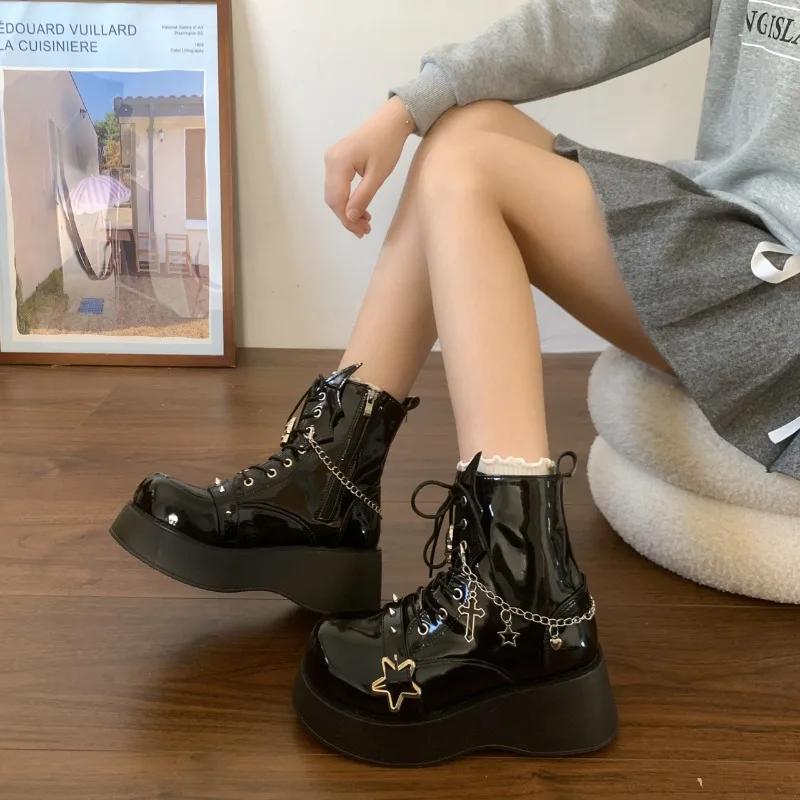 Women's Fashion Platform Knight Boots Belt Halloween Cosplay Thick Sole Leather Boots Trend Goth Women's Ankle Boots Botas Mujer