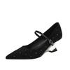 Black Suede Pointed Thick Heel Commuter High Heels Women's 2025 Spring New Year's One-word Buckle Retro Mary Jane Shoes