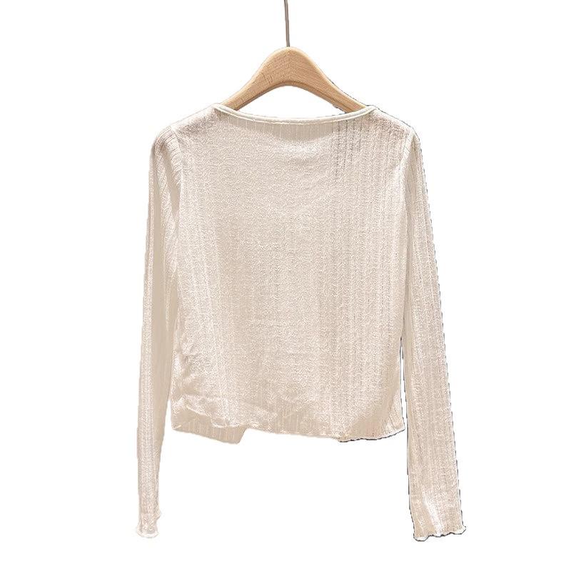 High-Quality White Thin Lace-Up Sun Protection Knit Cardigan - Women's Loose Short Top