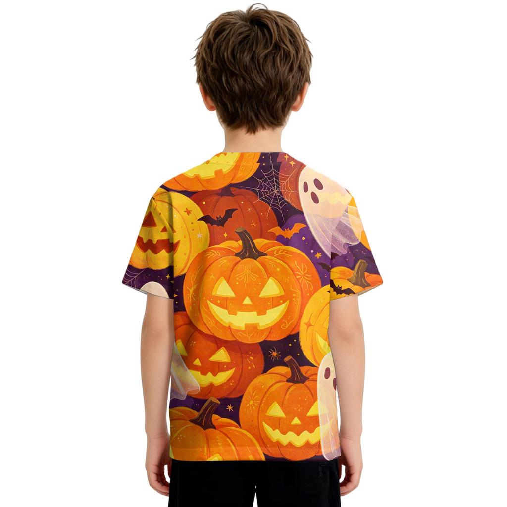 Kids Halloween Print Short Sleeve T Shirt Round Neck Casual Top Boys Girls Comfortable Fit Lightweight Fabric Soft Material