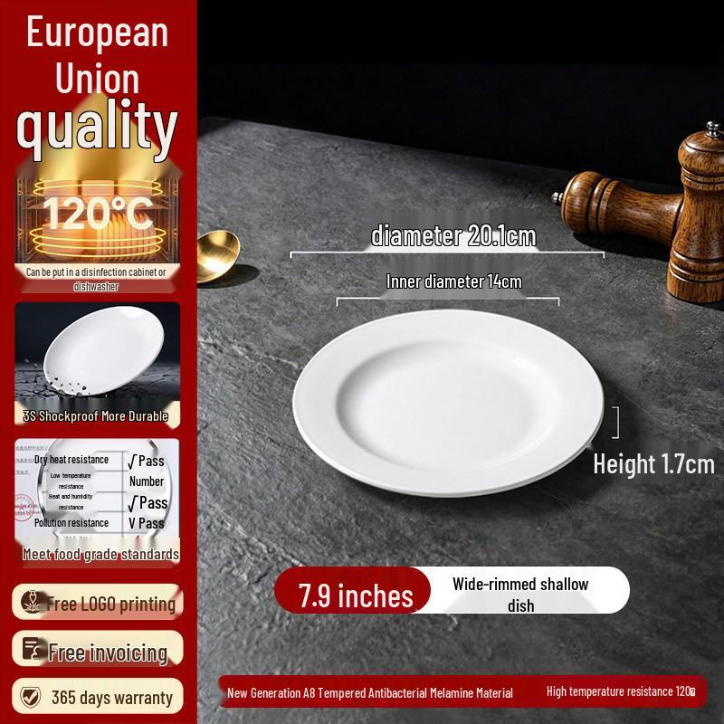 White Melamine Imitation Porcelain Plates: Commercial Round Flat Resin Tableware for Restaurants, Shallow Cold Dish or Rice Bowl Plates.