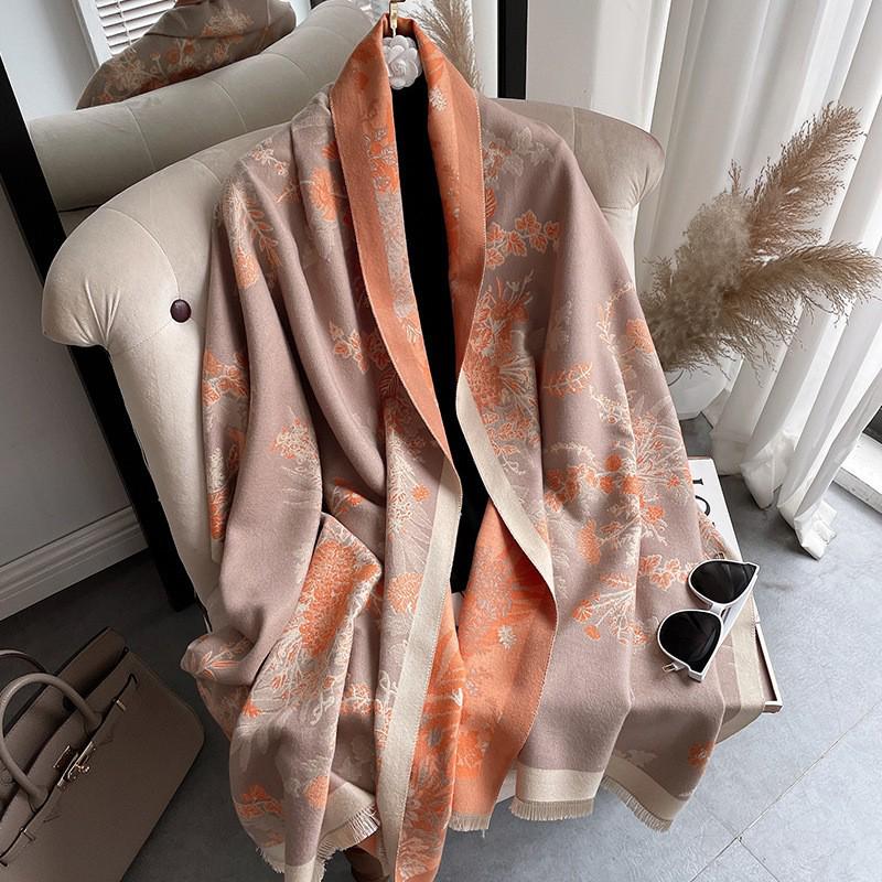 Elegant Faux Cashmere Floral Shawl - Thick Warm Winter Tassel Scarf