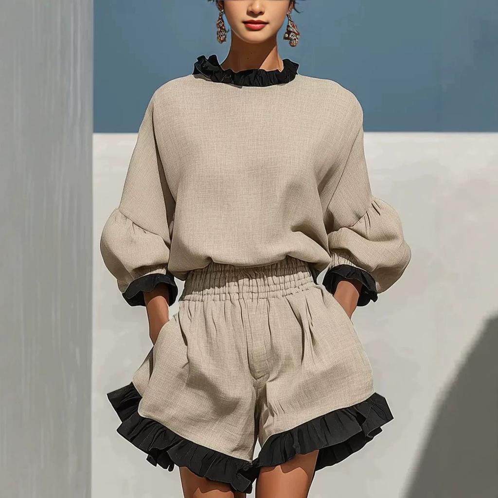 Women S Two Piece Set Hoodie And High Waist Shorts With Ruffle Hem