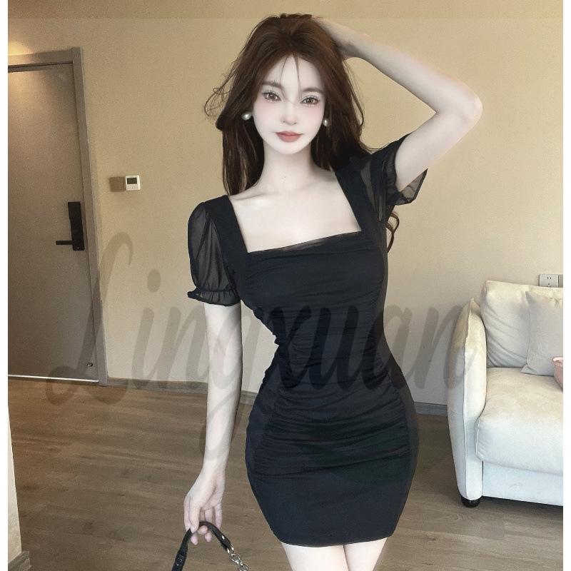 

French Square Neck Summer Dress: Women s Puff Sleeve, Pleated Mesh Bodycon, Sexy A-line Mini Skirt XL чёрный