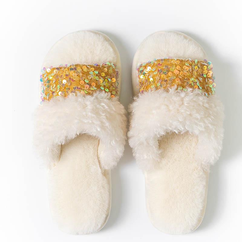 

Новые модные плюшевые тапочки из хлопка с пайетками, домашние комнатные пушистые тапочки 40-41（26.5cm） белый