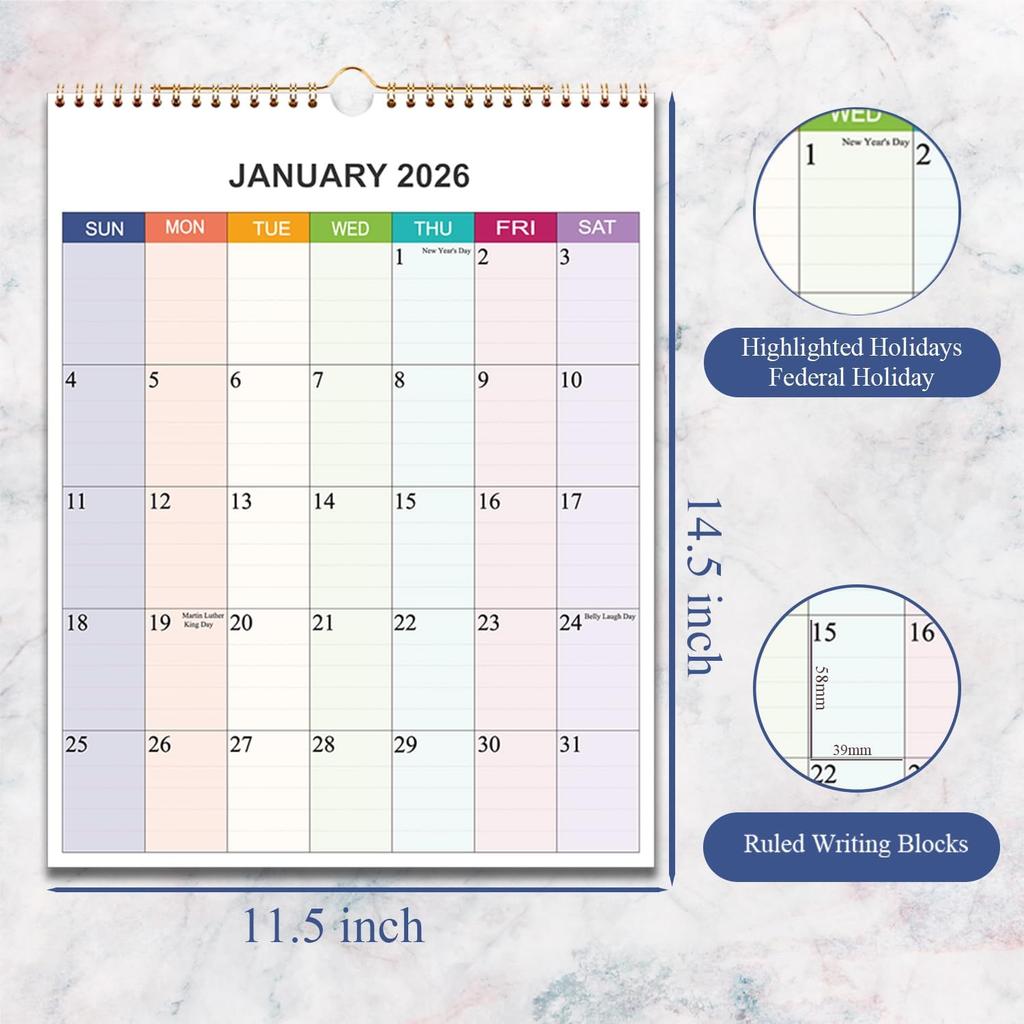 2026 Calendar - Wall Calendar 2026 Monthly Planner from January 2026 To December 2026, 12 Months Calendar with 140 Gsm Premium Paper, Twin-Wire