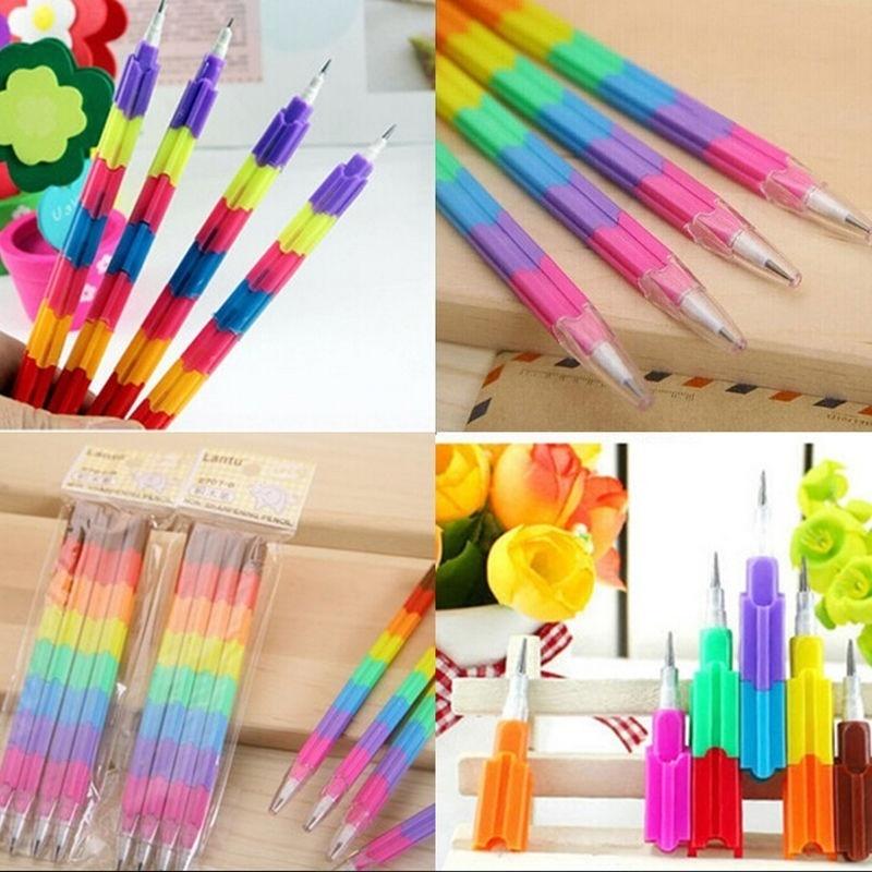 5 Stück/Los Kreativer Regenbogen Stapelstift Tauschstifte Baustein Nicht Anspitzbarer Bleistift Schreibstift für Kinder Niedliche Bleistifte