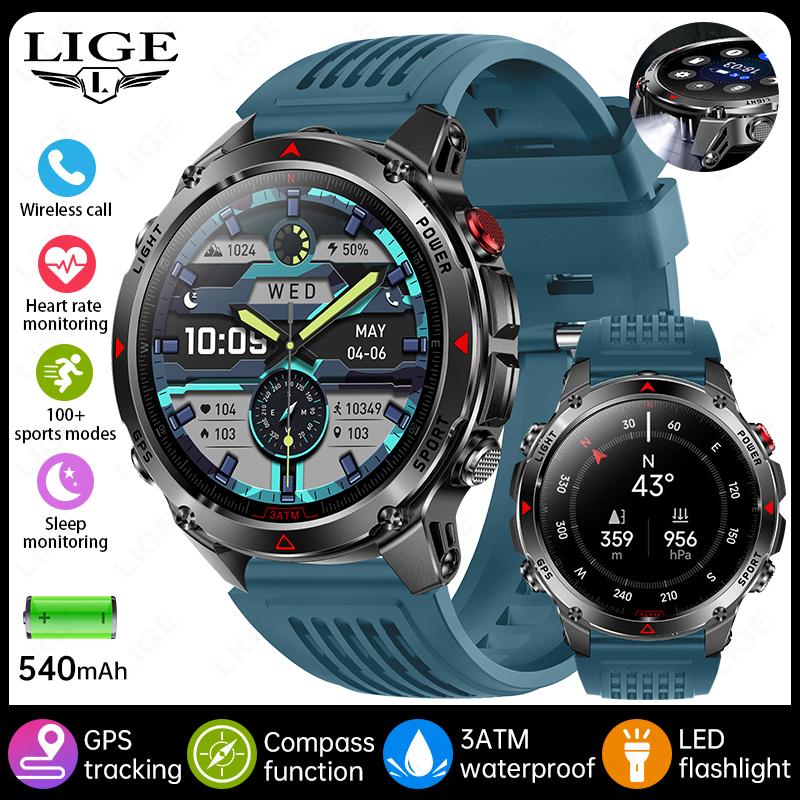 GPS Sports Waterproof Smart Watch Men 1.46“HD Full Touch Screen 500mAh Battery Flashlight Compass Bluetooth Call Smartwatch