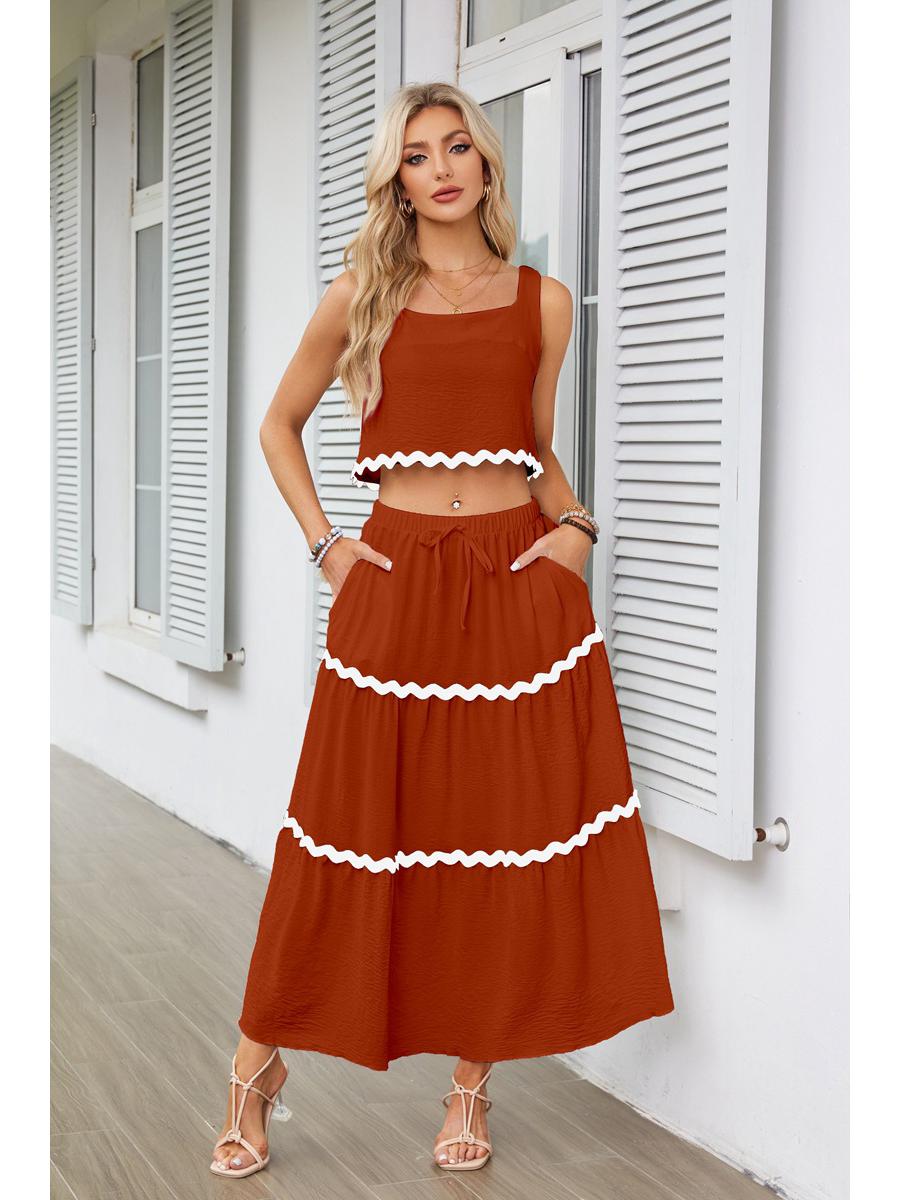 

Комплект женский кружевной лоскутный жилет без рукавов и длинная юбка с высокой талией - европейский и американский стиль. Small (S)