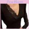 Plain Black Top With Lace Splicing V Neck For Spring Casual Wear