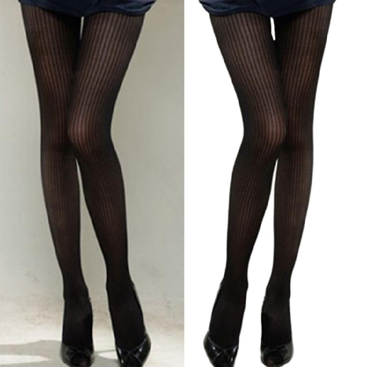 Women Summer Vintage Pattern Pantyhose Vertical Striped Sheer Thin Silky Tights
