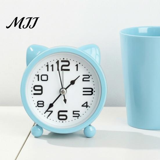 Non-Ticking Analog Clock Cat Ear Alarm for Kids, Silent Metal Cartoon Desk Clock, Battery Powered Home Office Decor
