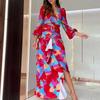 2025 Cross-Border Spring New European and American Women's Fashion Retro Print Deep V-Neck Slit Slim Long Dress Gown for Women