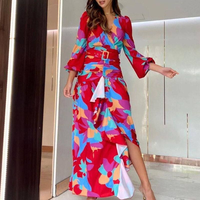 2025 Cross-Border Spring New European and American Women's Fashion Retro Print Deep V-Neck Slit Slim Long Dress Gown for Women