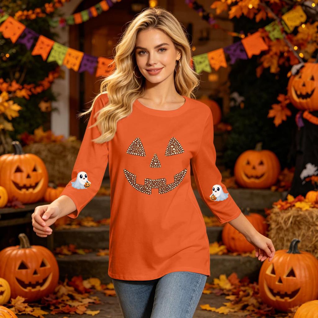 Women's Casual Three-Quarter Sleeve Halloween Print Neck Top