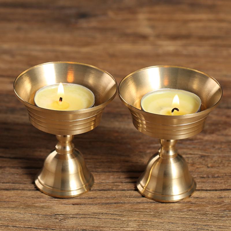 Dual-Use Brass Ghee Lamp Holder for Solid & Liquid Candles - High-Foot Thickened Decorative Candlestick