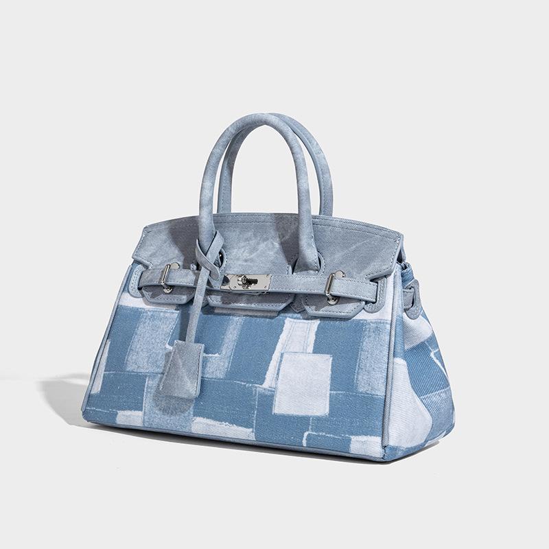 

Niche Retro Cool and Stylish Birkin Bag for Women 2025 New Denim High-End Patchwork Handbag Shoulder Crossbody світло-синій колір