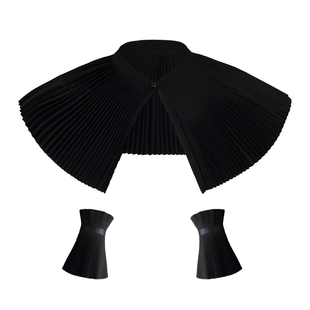 Elegant Detachable Pleated False Collar Pearls Button Shawl and Faux Sleeves Cuffs Set for Parties Costume or Casual