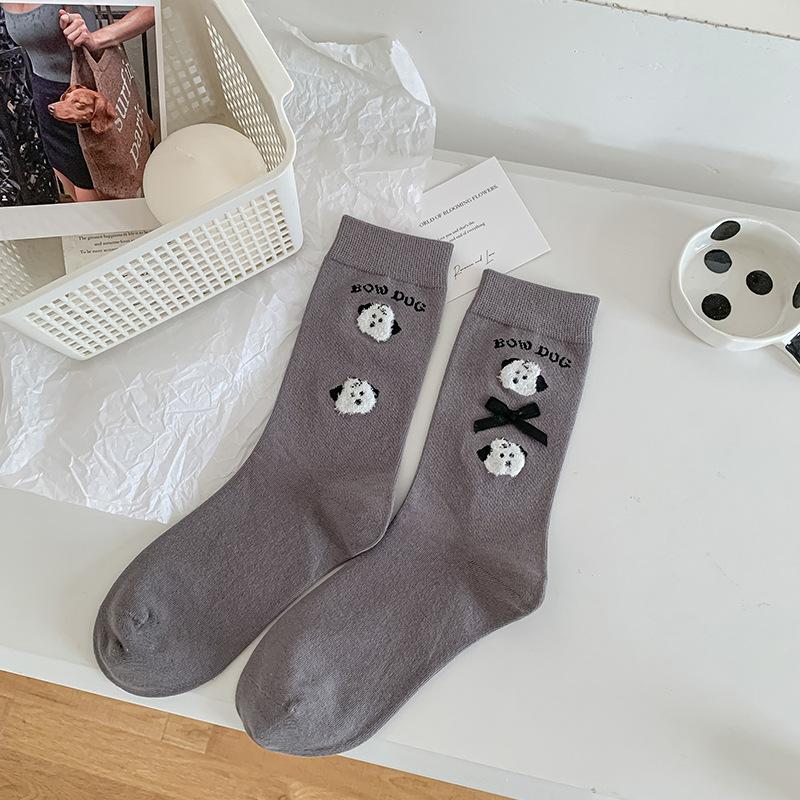 Female Autumn New Cute Embroidered Cartoon Puppy Lace Mid Tube Pile Socks