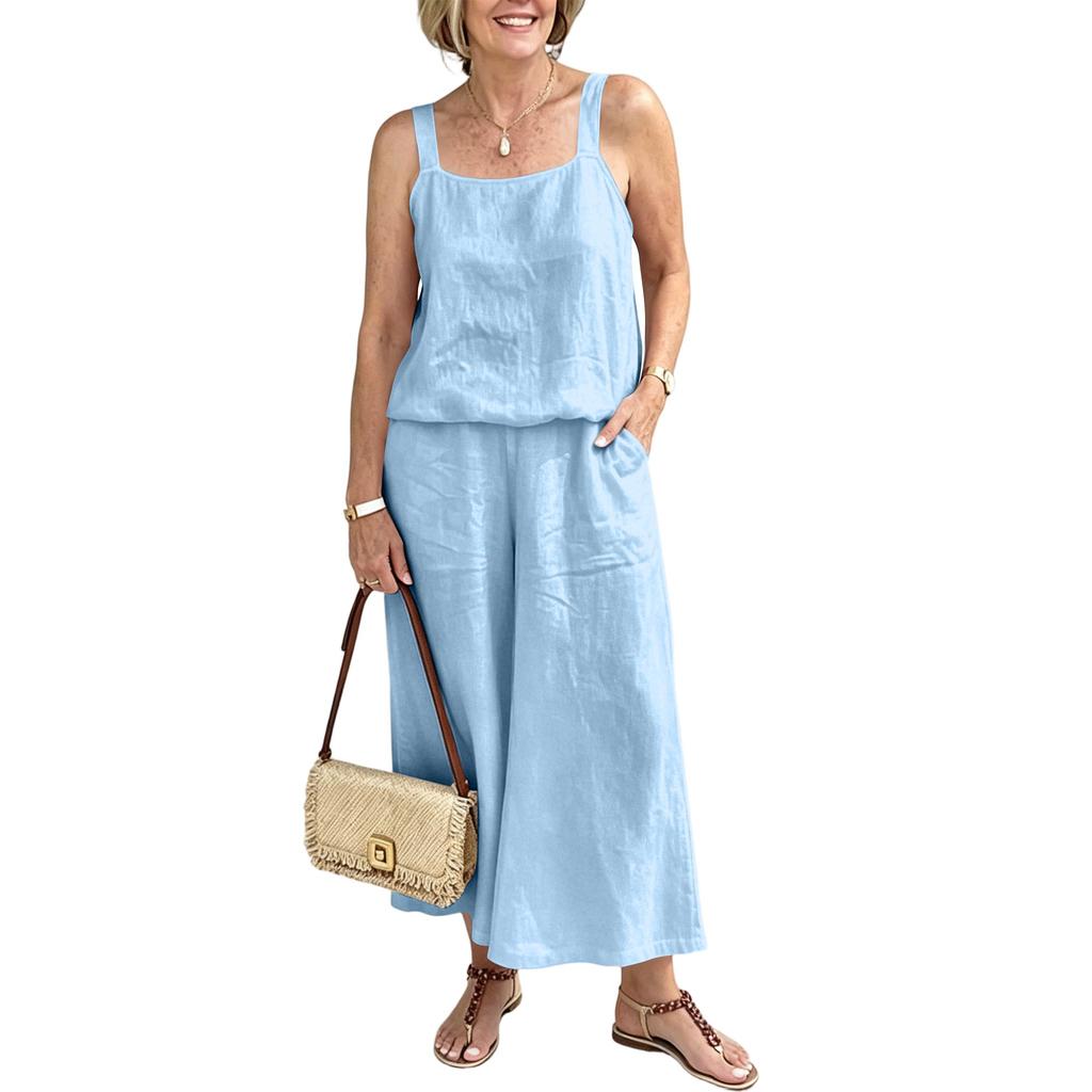 Women Linen Two Piece Set Sleeveless Tank Top Wide Leg Pants Casual Summer Outfit Lightweight Breathable Fabric