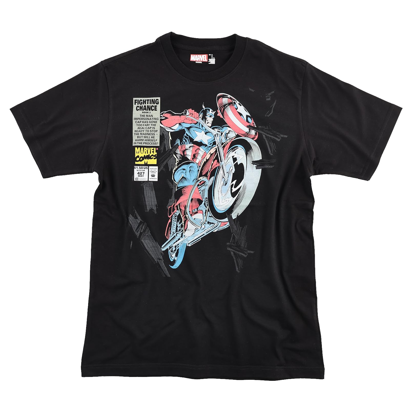 EVERSOUL Marvel Captain America Short Sleeve T-Shirt, American Comic Book Avengers Character Merchandise, Gift, Unisex, Black, Size L [Parallel Import