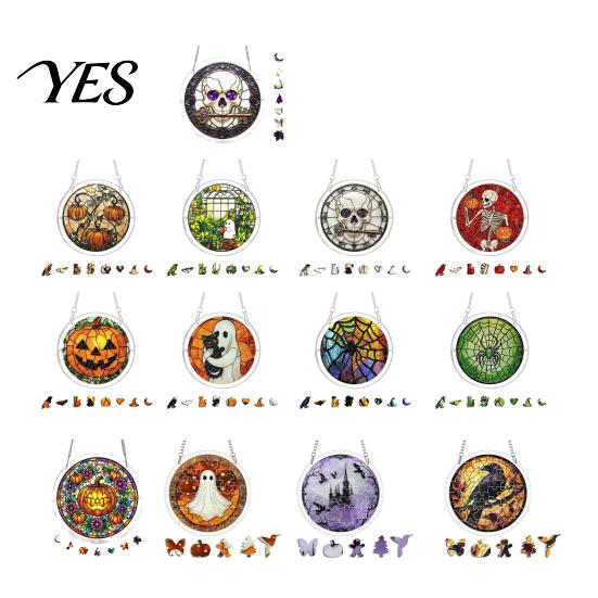 Transparent Stained Glass Halloween Acrylic Puzzle Decor, 2D Ghost Pumpkin Skeleton Hanging Sign, Faux Holiday Spooky Decorations for Party
