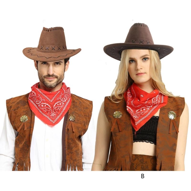 Klassische Cow-Boy-Kostüme Enthält Cow-Boy-Hut Westen Schal Bequeme Kleidung für Männer Frauen Halloween-Party Cos-Play