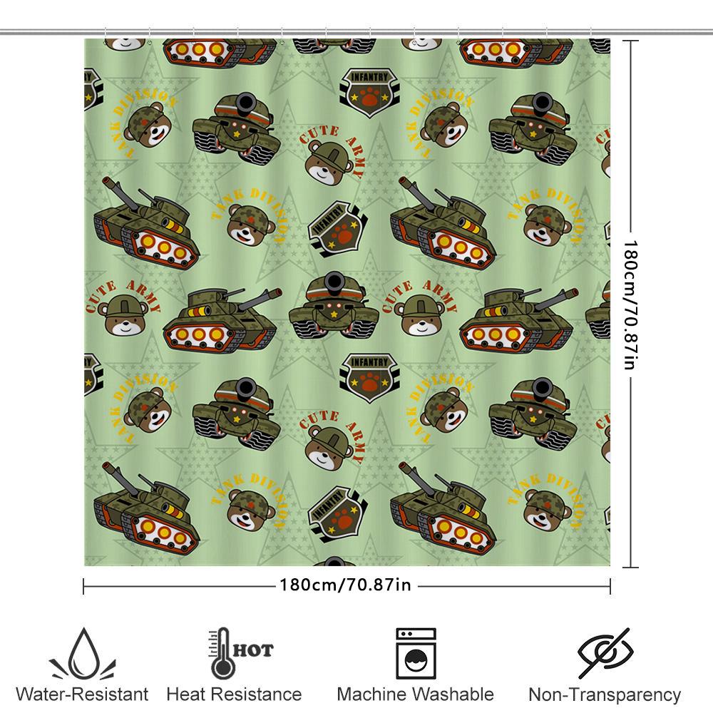 Cute Cartoon Army Pattern Shower Curtain Decor for Kids Bathroom Green Camo Design with Teddy Bear Tank Print (51x72in)